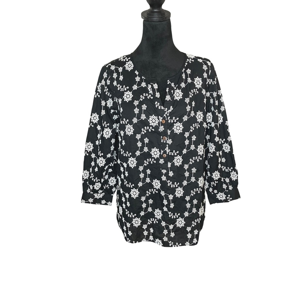 J. Jill Split Neck 3/4 Sleeve‎ Peasant Blouse Embroidered Boho Black Small